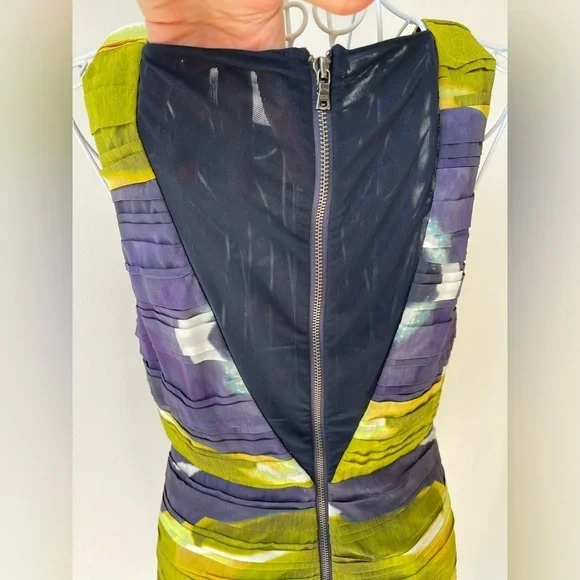 Alice + Olivia Valerie Silk Ruched Mesh Orange White Green Sleeveless Dress SZ 6 - Picture 6 of 12